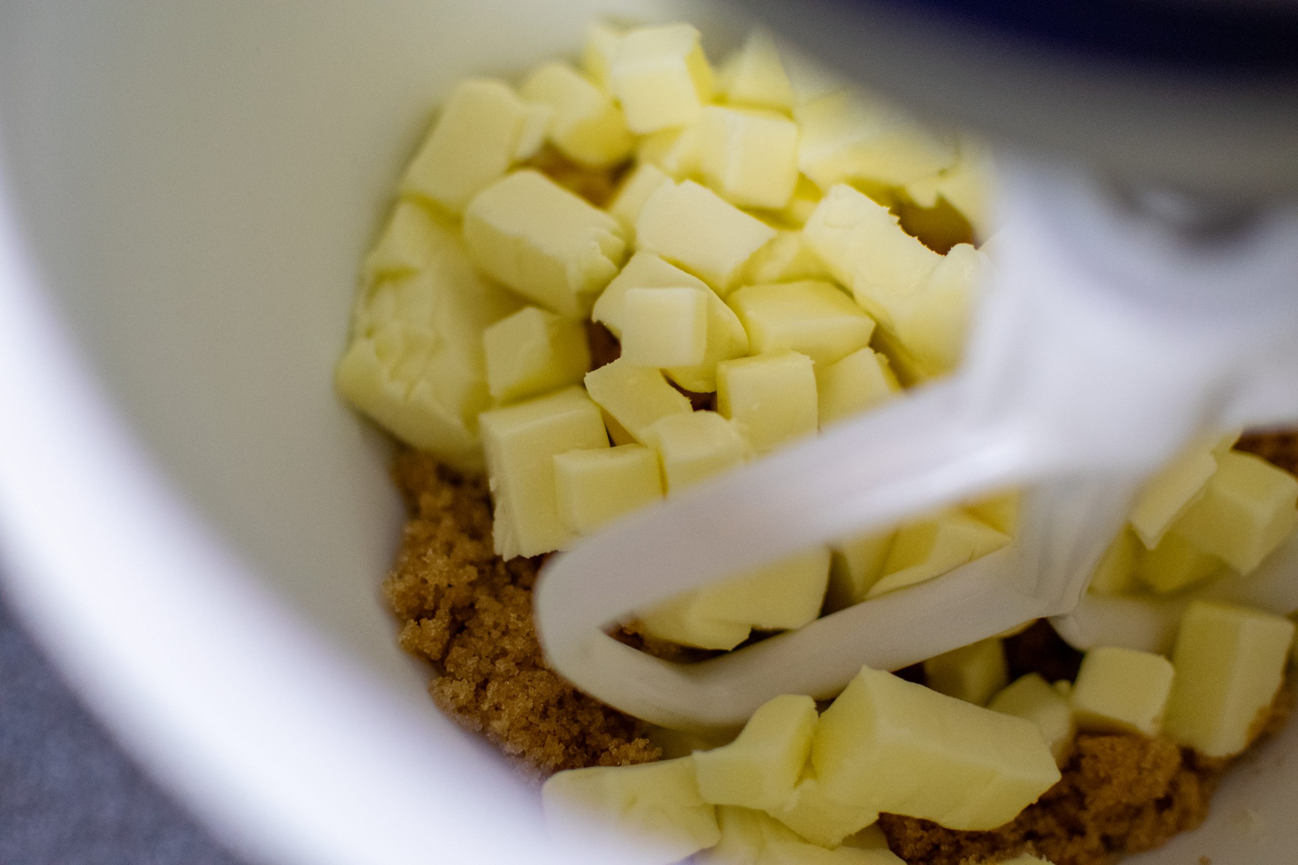 cold butter and sugars in the mixer bowl