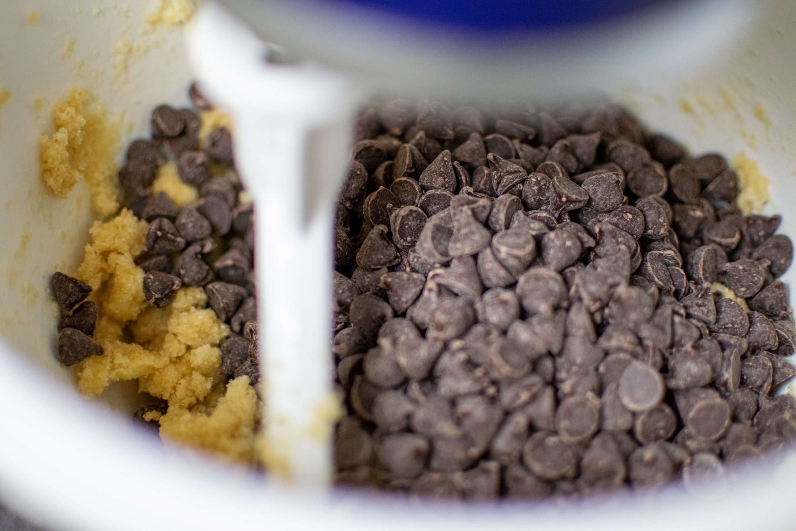 chocolate chips added to the butter and sugar mixture