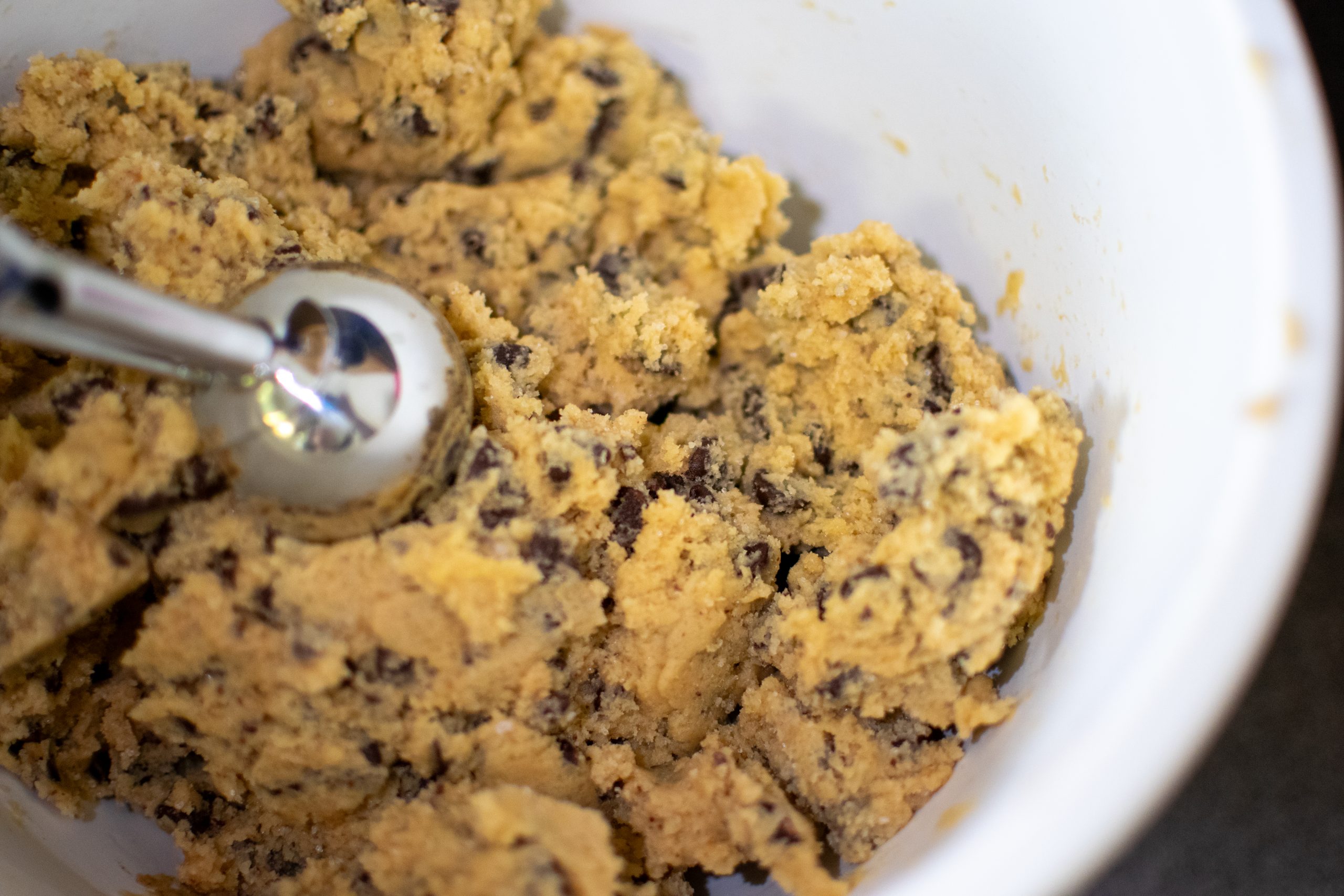 finished chocolate chip cookie dough texture in the mixer bowl